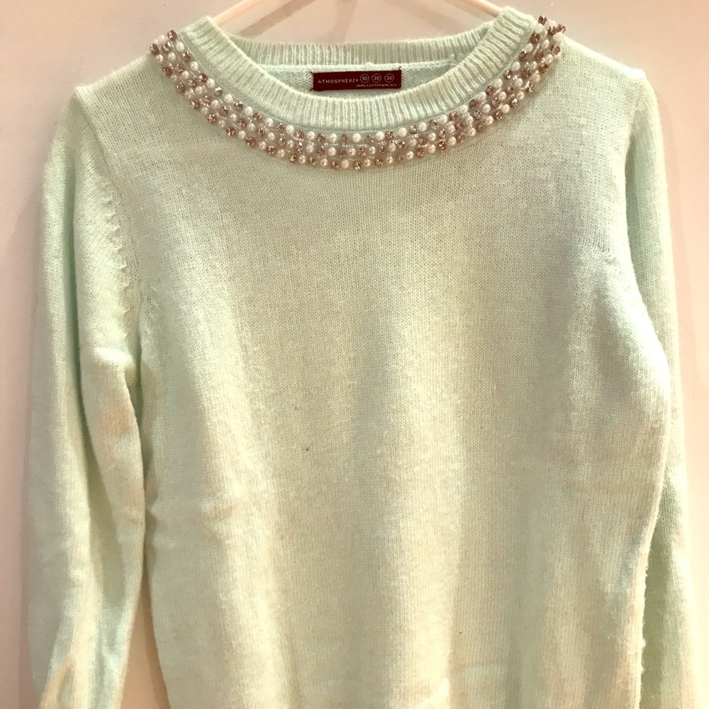 Atmosphere jeweled neck sweater. Light Aqua Size S